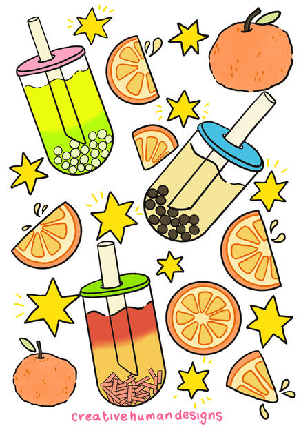 Bubble &amp; Squeeze x Creative Human Design collaboration - I was approached by the small local business Bubble &amp; Squeeze to create a piece to hang in their shop in Barnsley, they wanted a piece with different combinations of bubble tea &amp; oranges