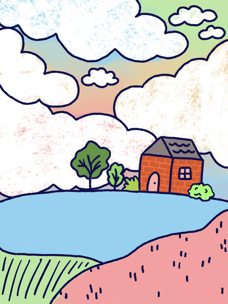 'Cottage on a hill' - a piece created for myself which was then made into a print for my shop. I aimed to create something that felt whimsical with a limited colour palette.